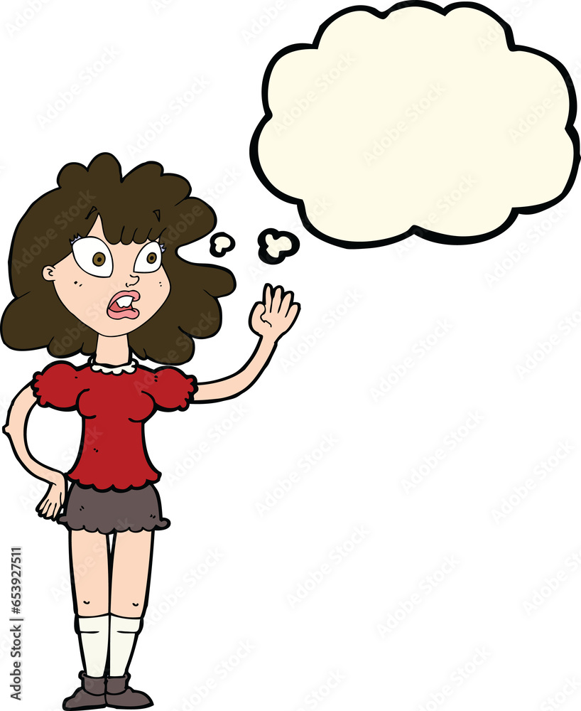 cartoon worried woman waving with thought bubble cartoon worried woman waving with thought bubble