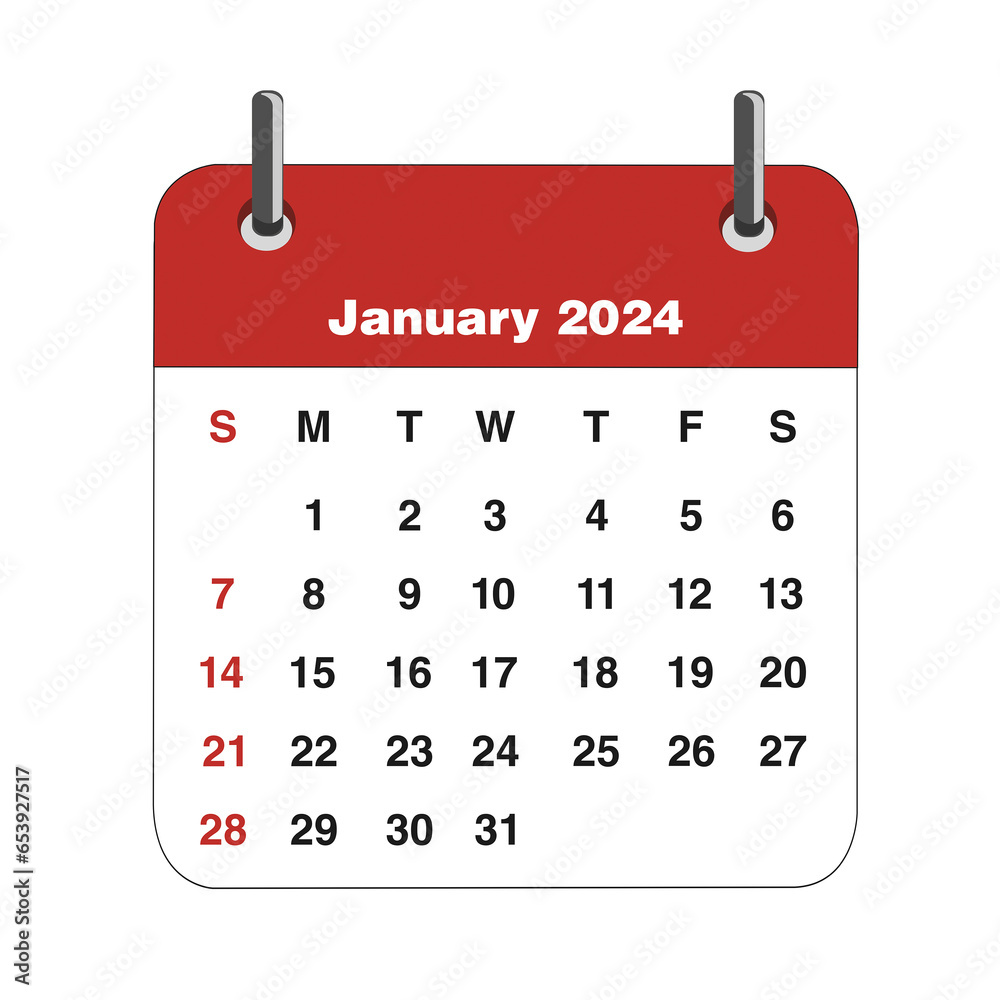 Calendario Mes Enero del 2024. sobre un fon do blanco aislado. Vista de frente y de cerca - obrazy, fototapety, plakaty 