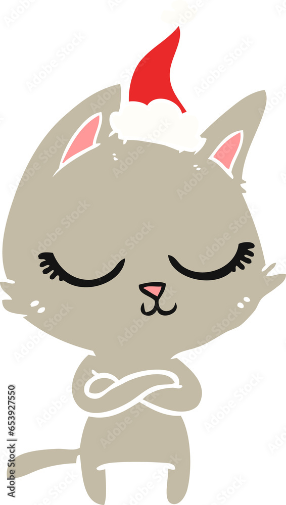 calm hand drawn flat color illustration of a cat wearing santa hat calm hand drawn flat color illustration of a cat wearing santa hat
