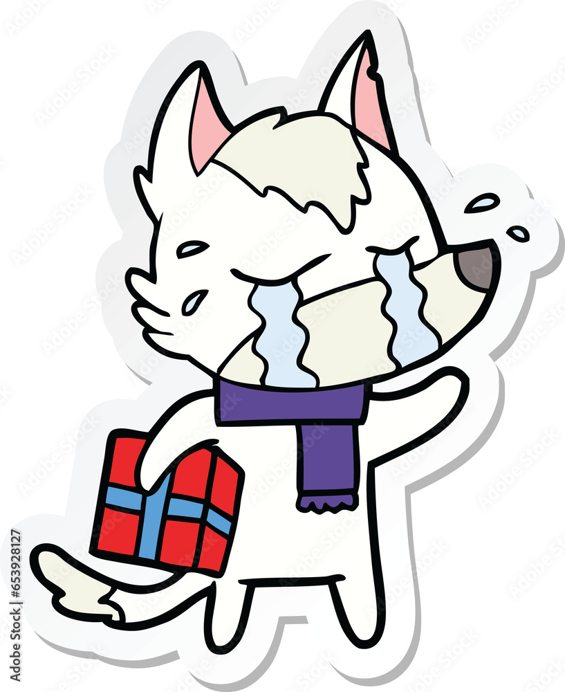 sticker of a cartoon crying wolf with christmas present sticker of a cartoon crying wolf with christmas present
