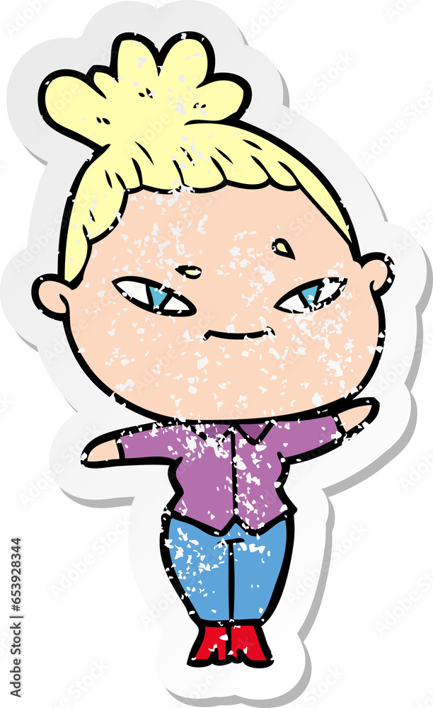 distressed sticker of a cartoon woman distressed sticker of a cartoon woman