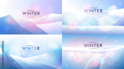 Vector illustration. Flat winter landscape. Snowy backgrounds. Snowdrifts. Snowfall. Clear blue sky. Blizzard. Snowy weather. Design elements for web banner, website template. Minimalist wallpapers