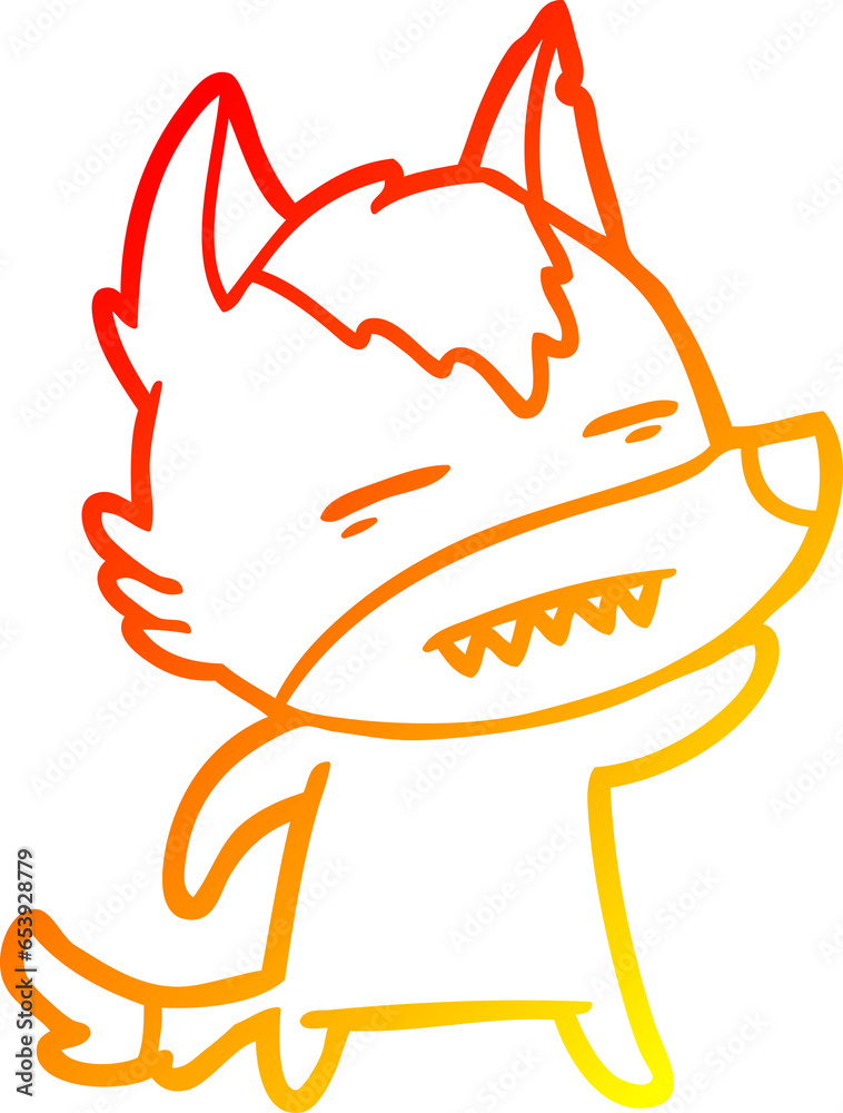 warm gradient line drawing of a cartoon wolf waving showing teeth warm gradient line drawing of a cartoon wolf waving showing teeth
