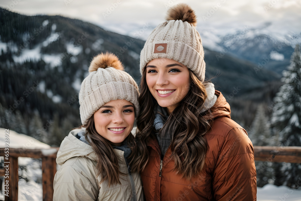 Happy Mother with daughter smiling and wearing beanies and coast standing at a ski resort in winter clothes view of mountains. Generative Ai. Happy Mother with daughter smiling and wearing beanies and coast standing at a ski resort in winter clothes view of mountains. Generative Ai.