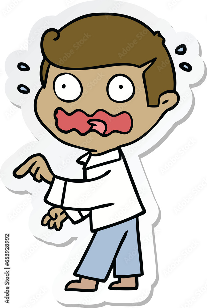 sticker of a cartoon stressed out pointing