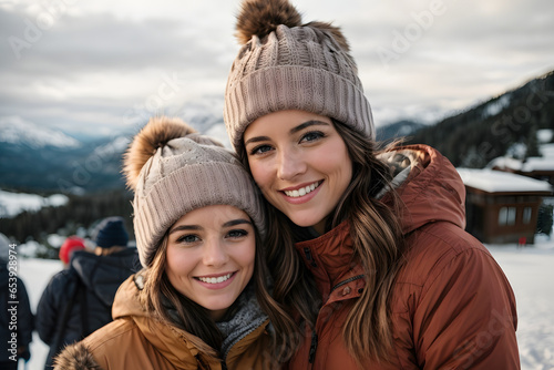Happy Mother with daughter smiling and wearing beanies and coast standing at a ski resort in winter clothes view of mountains. Generative Ai.