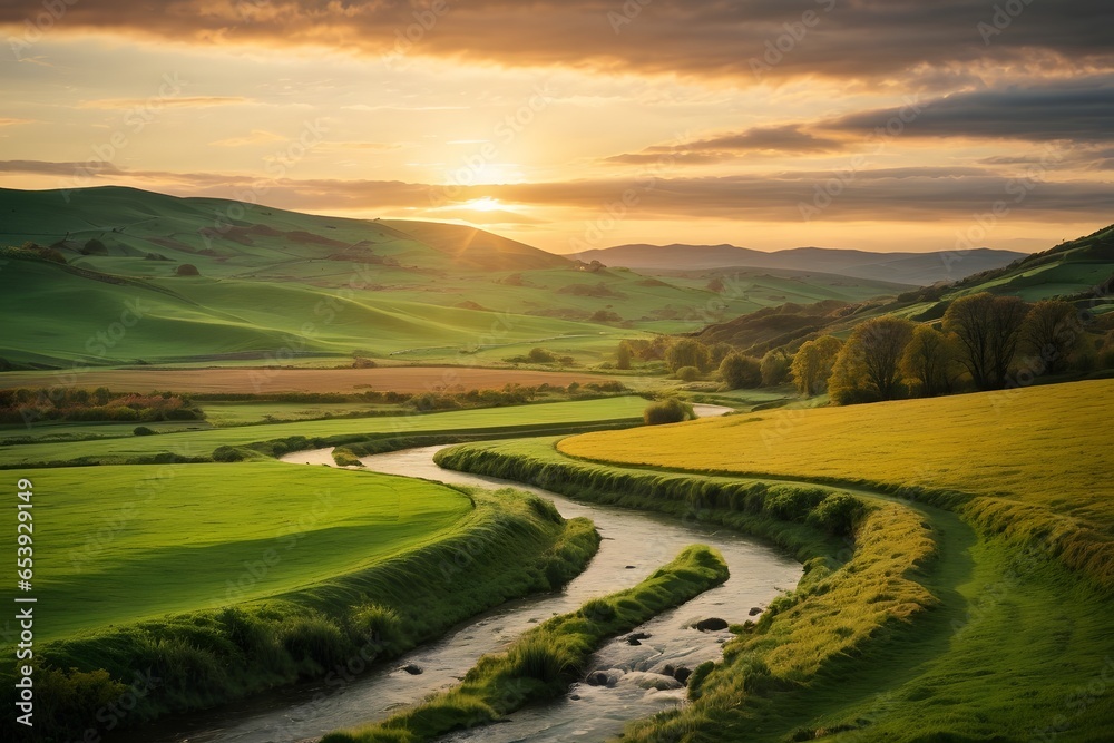 A lush, rolling landscape with a gentle stream meandering through vibrant green pastures. Generative Ai. A lush, rolling landscape with a gentle stream meandering through vibrant green pastures. Generative Ai.