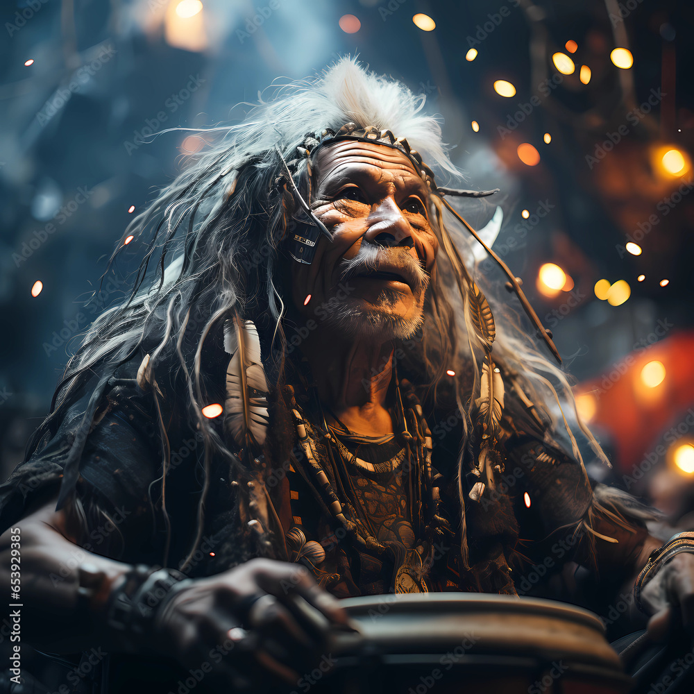 Portrait of an old shaman. Illustration. Tribal ritual. Old sorcerer with a tambourine. Magic ritual. Portrait of an old shaman. Illustration. Tribal ritual. Old sorcerer with a tambourine. Magic ritual.