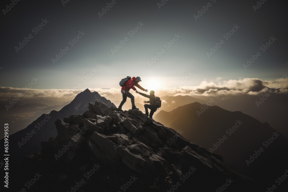 Two mountaineers reach the summit of a mountain, overcoming all obstacles with determination and successfully achieving their goal, celebrating the accomplishments and objectives they've attained - obrazy, fototapety, plakaty 