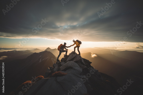 Two climbers manage to ascend to the summit of a mountain sunset,after hard teamwork,reaping the rewards of collaboration to achieve common goals and accomplishments, attaining success through effort  © SnapVault