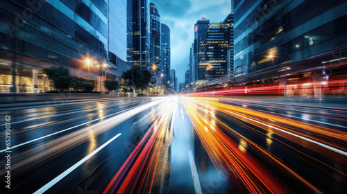 High speed urban traffic on a city street during evening rush hour, car headlights and busy night transport captured by motion blur lighting effect and abstract long exposure photography photo