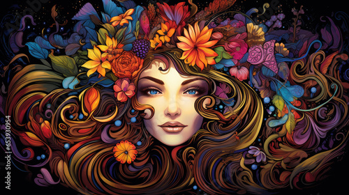 portrait of a woman with flowers in hair blooming blossom feminine yin gaia - by generative ai