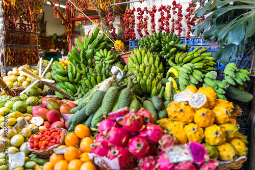 Fresh exotic fruits on famous market in Funchal Mercado dos Lavradores Madeira island, Portugal photo