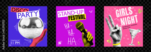 Social media template design for party announcement and standup concert and girls night. trendy vector illustration