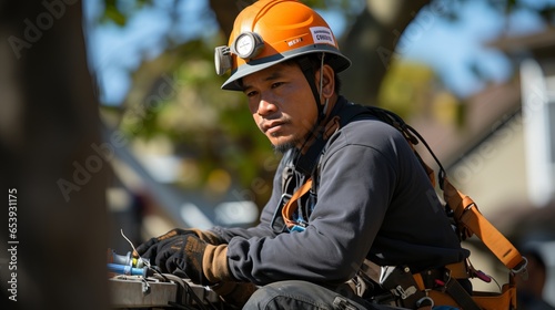A professional electrician carries out repair work on a pole. Dangerous profession under voltage. A man in a worker's helmet and rubberized gloves. Wire repair work