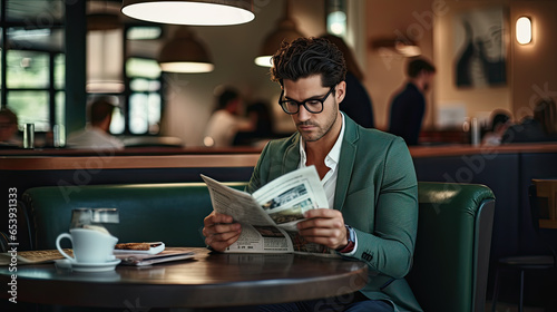 Handsome young man enjoying in cafe reading newspapers and drinking coffee.