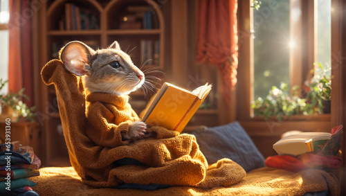 Cute cartoon mouse reading a book at home