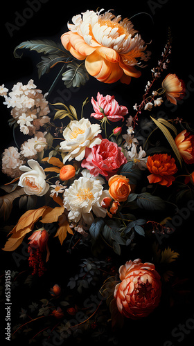 Large bouquet of flowers, antique style, Victorian era. Beautiful flowers on a black background © elit76_d