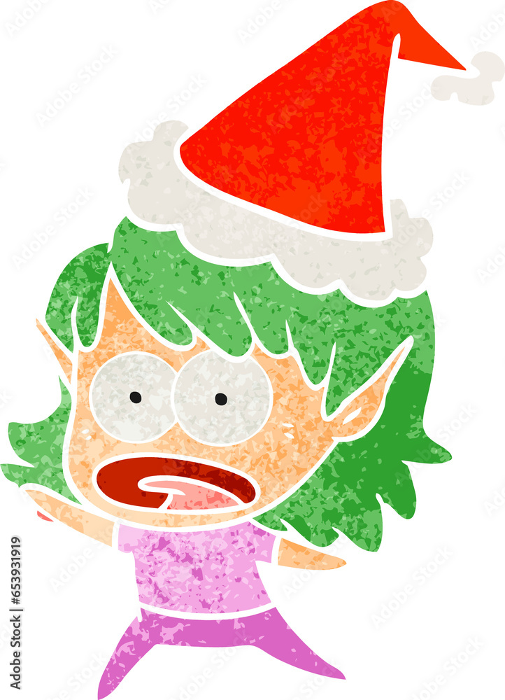 hand drawn retro cartoon of a shocked elf girl wearing santa hat