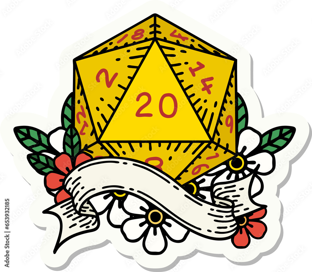 sticker of a natural twenty D20 dice roll sticker of a natural twenty D20 dice roll