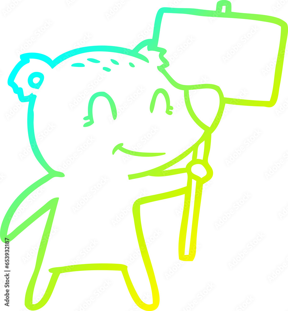 cold gradient line drawing of a cartoon bear holding sign