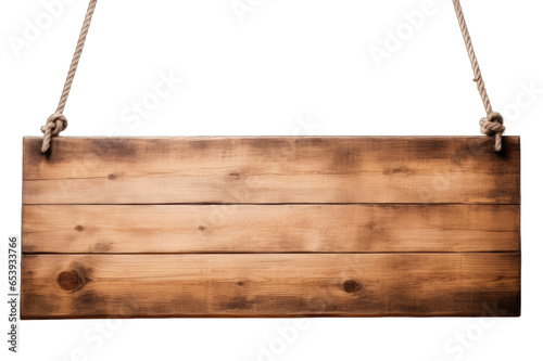 Wooden board hanging on ropes isolated on transparent and white background. Png transparent