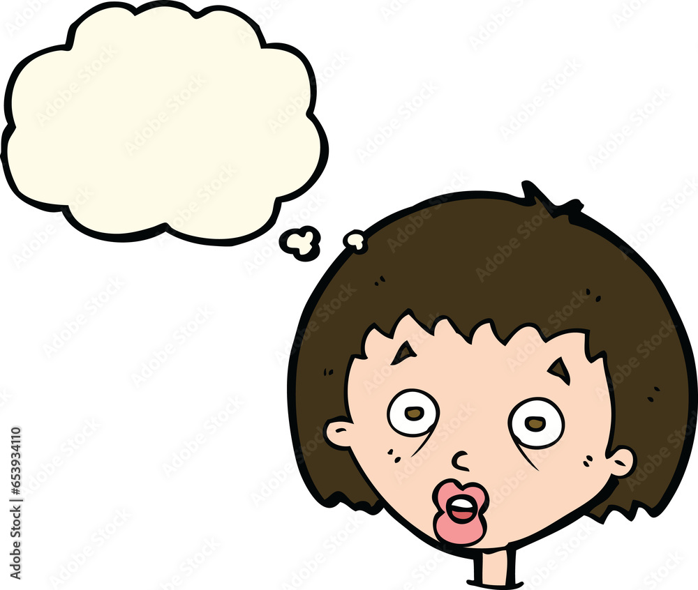 cartoon shocked woman with thought bubble