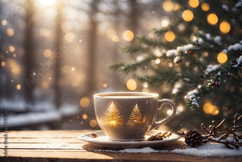 Beautiful coffee cup on a Wooden table on winter background. ai generative