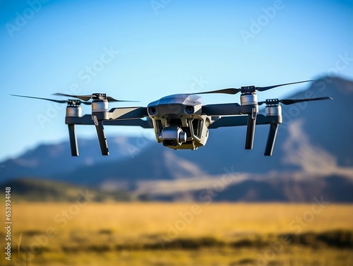 Nature’s Explorer: Drone in Open Field with Swaying Grass and Distant Mountains - Perfect for Travel Magazines, Drone Enthusiasts and Adventure Blogs