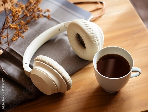 Music and Literature Unwind: Headphones on Wooden Table with Coffee and Book - Suitable for Podcast Recommendations, Self-Care Guides
