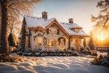 Cute and cozy cottage with winter evening. ai generative