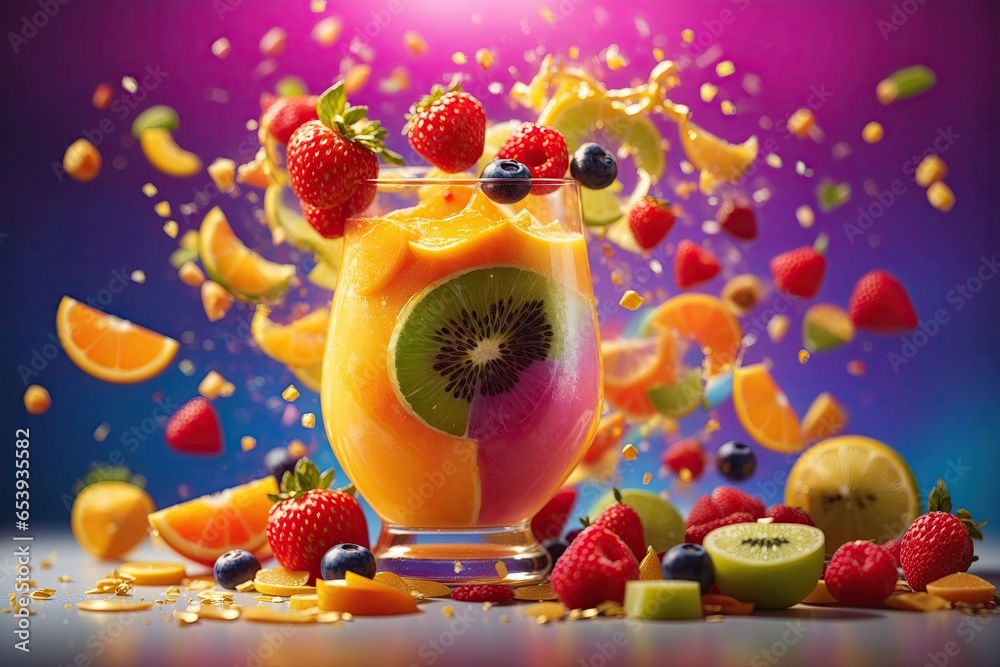 minimalistic fruits with slices and juice splash. ai generative