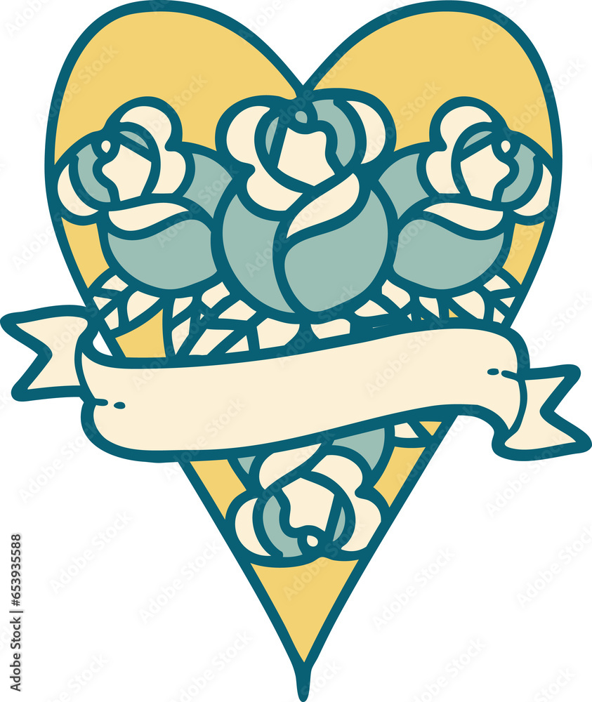 iconic tattoo style image of a heart and banner with flowers iconic tattoo style image of a heart and banner with flowers