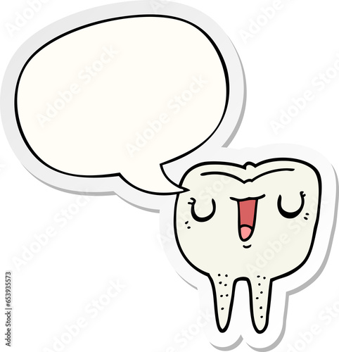 cartoon happy tooth with speech bubble sticker