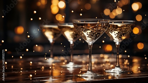 Champagne, glasses filled with alcohol. Festive setting with bokeh lights. New Year banner with a beautiful drink, free space for copy space. Chilled cocktail.