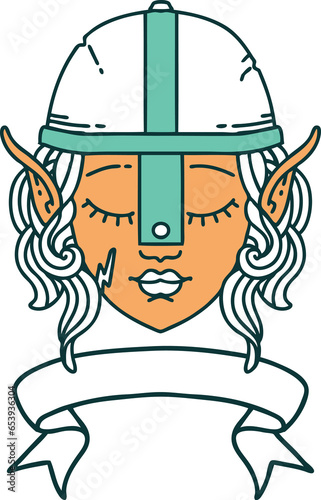 Retro Tattoo Style elf fighter character face with banner