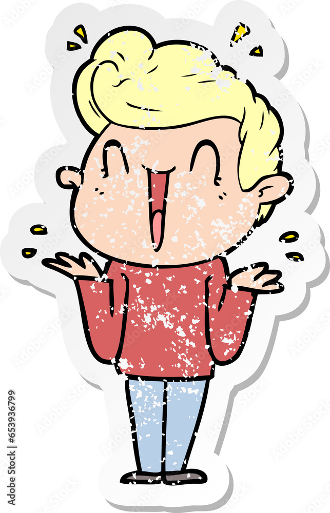 distressed sticker of a cartoon excited man distressed sticker of a cartoon excited man