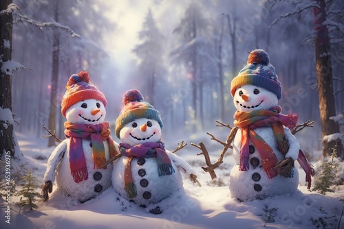 snowmen with hats and scarfs in a forest. ai generative