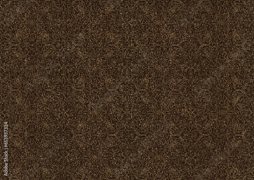 Hand-drawn unique abstract symmetrical seamless gold ornament with golden glittery splatter on a dark brown background. Paper texture. Digital artwork, A4. (pattern: p07-1c)