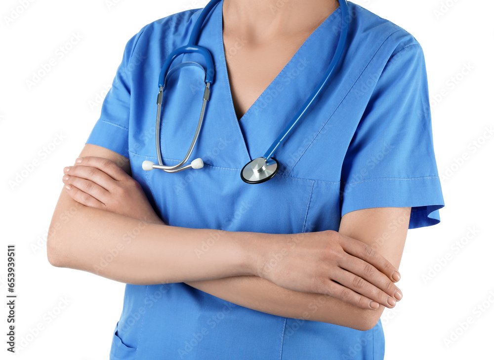Female doctor with stethoscope isolated on white background Female doctor with stethoscope isolated on white background