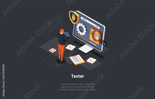 Software Testing And IT Professions. Software Application Testing, Quality Assurance, Debugging. IT Specialist Tester Searching For Bugs In Code, Correcting Errors. Isometric 3d Vector Illustration
