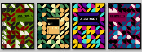 Set of geometric posters, Bauhaus cover templates, abstract geometry, retro pattern background, useful for web background, poster art design, magazine front page, hi-tech print, and cover artwork.