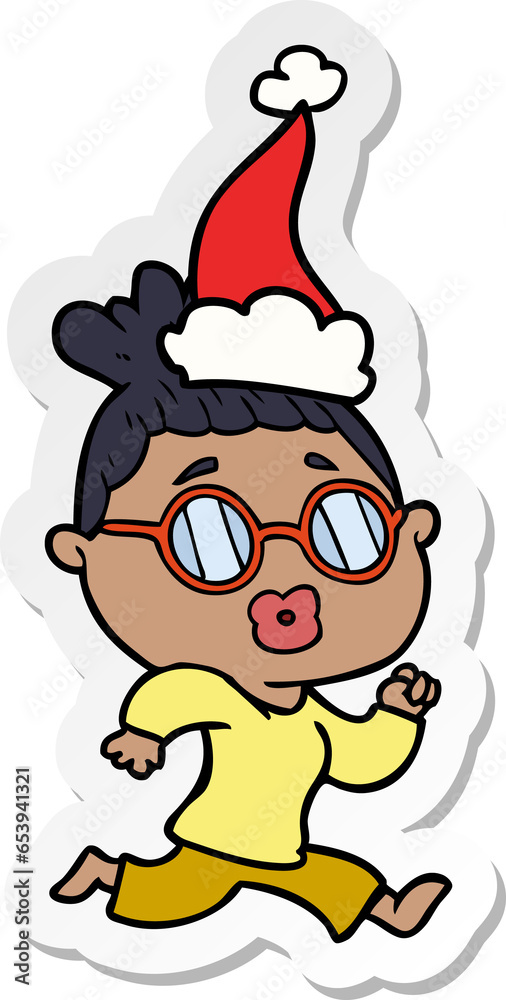 hand drawn sticker cartoon of a woman wearing spectacles wearing santa hat