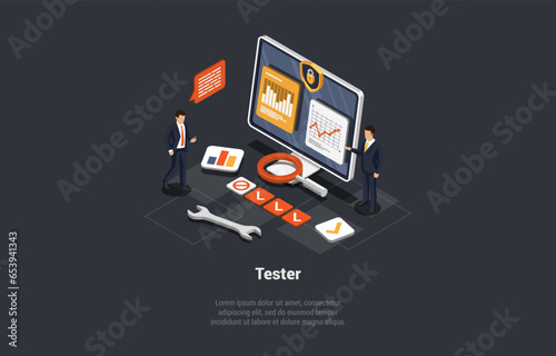 Software Testing And IT Professions. Developers Team Solving Errors, Bugs, Quality Assurance. IT Specialists Tester Team Searching For Bugs In Code, Correct Errors. Isometric 3d Vector Illustration