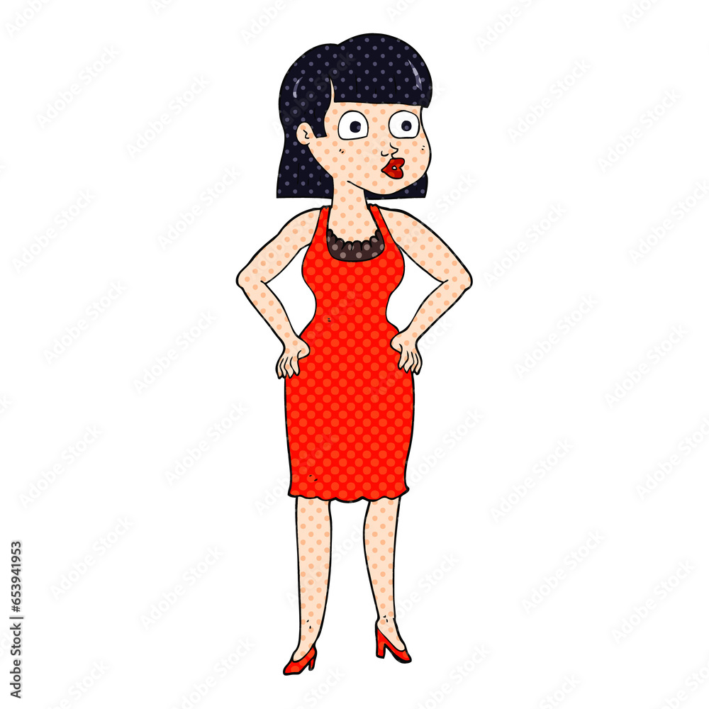 freehand drawn cartoon woman in dress with hands on hips freehand drawn cartoon woman in dress with hands on hips