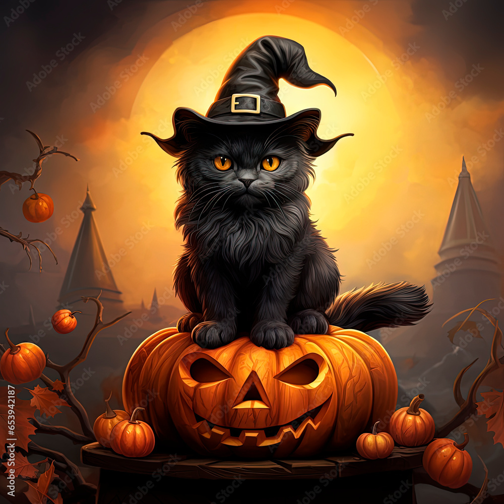 A black cat sitting on top of a carved pumpkin. Halloween. Generative AI A black cat sitting on top of a carved pumpkin. Halloween. Generative AI