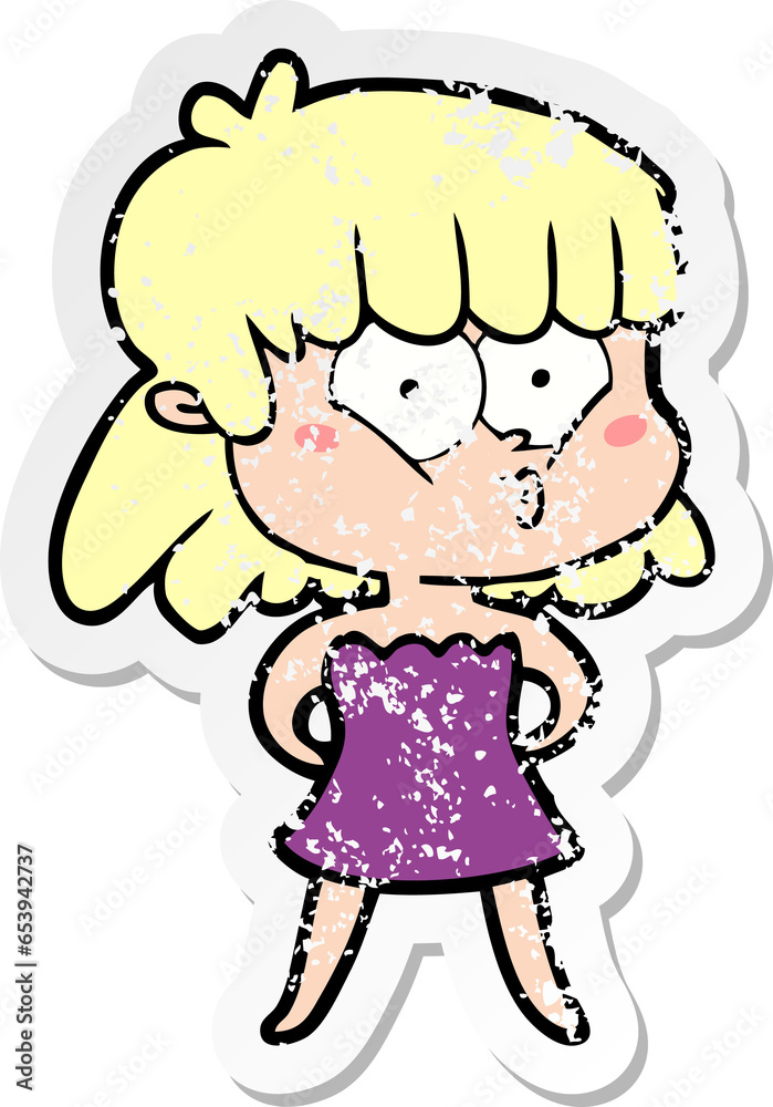 distressed sticker of a cartoon whistling girl distressed sticker of a cartoon whistling girl