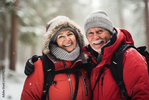 Wrapped in warmth and love, this senior duo conquers the winter wilderness together, sharing the magic of a snowy hike. © Maria