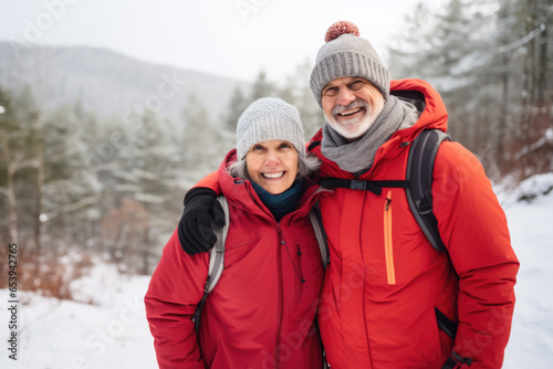 A senior couple embarks on a picturesque winter hike, hand in hand, as they explore the serene beauty of snowy trails.