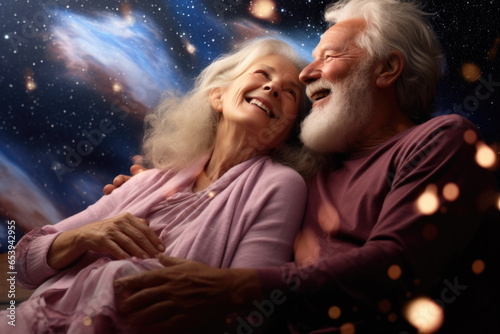 Happy senior couple hugging together on starry night sky background.